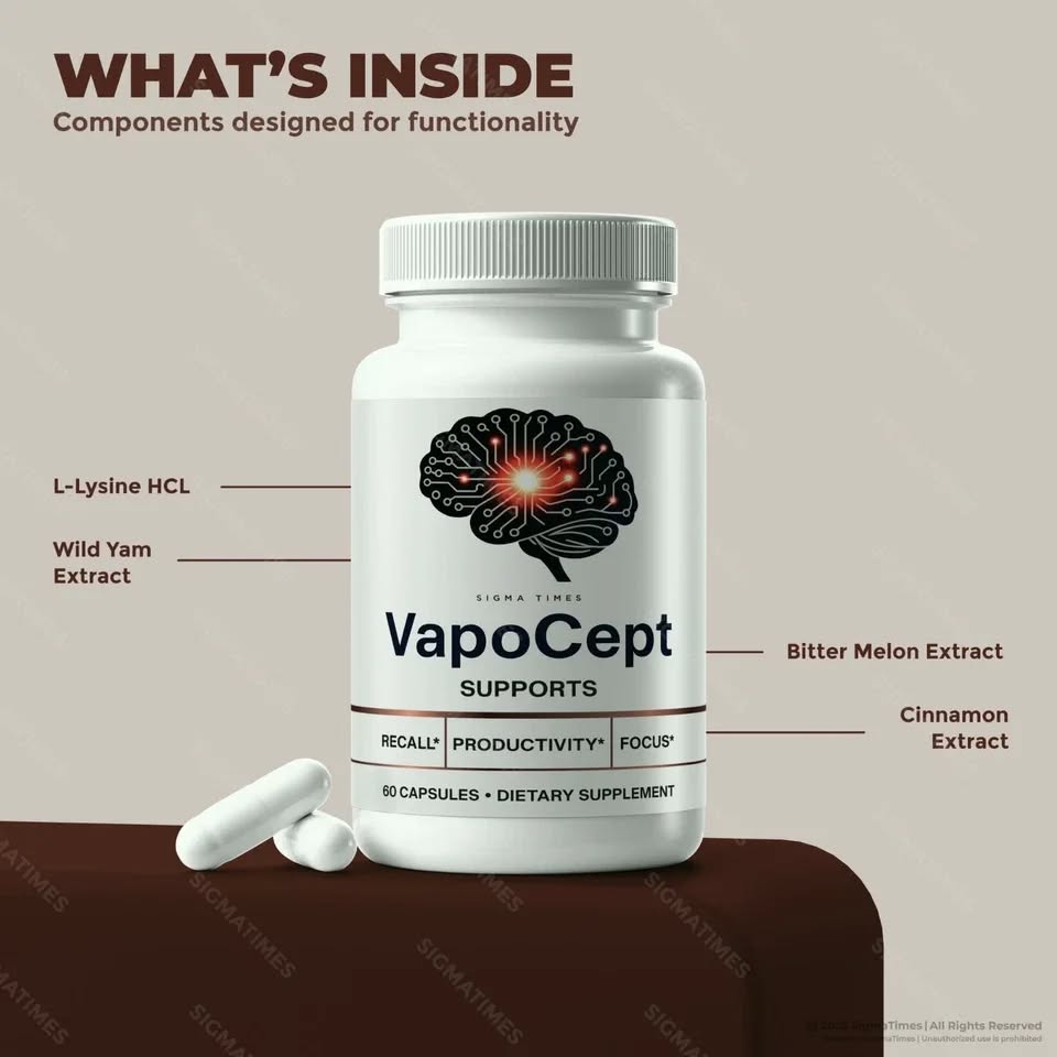 VapoCept bottle with callouts for L-Lysine HCL, Wild Yam Extract, Bitter Melon Extract, and Cinnamon Extract